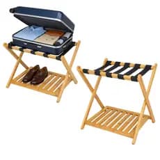 Kit 2 Suporte de Mala Bambu Natural Com Prateleira Sapateira Para Hotel Pousada AMZ