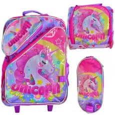 Kit Mochila Escolar de rodinhas Infantil + lancheira térmica + estojo UNICÓRNIO 2024 - CHENSON