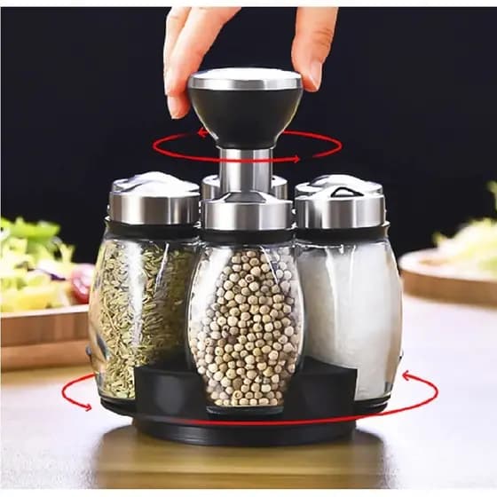 Porta Condimentos e Temperos Cozinha Giratório - Suporte com 6 Potes em Vidro + Suporte