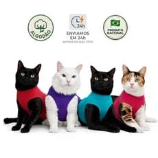 Roupa Protetora Pós-Cirúrgica Pet Castração de Gato - Tecido de Algodão e Velcro Ajustável