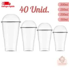 Kit 40 Copo Descartável Transparente com Tampa Bolha Plástico 150ml a 300ml