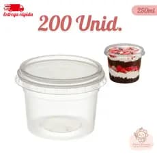 Kit 200 Pote Redondo Com Tampa Para Alimentos e Sobremesa Plástico 250ml