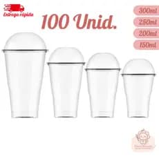 Kit 100 Copo Descartável Transparente com Tampa Bolha Plástico 150ml a 300ml