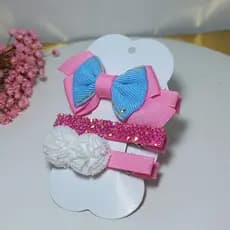 Trio Presilhas Infantil Luxo – Laço, Strass e Pompom Gorgurão - Kit Hair Clips Infantil Feminino