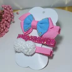 Kit Clip Hair Infantil, 3 Presilhas de Cabelo, Laço no Bico de Pato, Hair Clips, Acessório de Cabelo, Apliques de Cabelo
