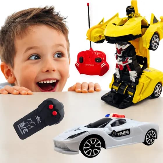 Kit 2 Brinquedos Carro Robô Transformável Controle Remoto Infantil Com Luzes E Movimento + carrinho