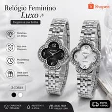 Relógio Feminino Elegante Prata Mostrador Preto/Branco Aço Inox