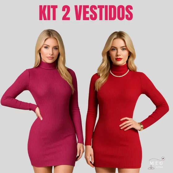 Kit 2 Vestido Feminino Gola Alta manga longa Canelado Tubinho Justo Curtinho