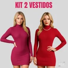 Kit 2 Vestido Feminino Gola Alta manga longa Canelado Tubinho Justo Curtinho