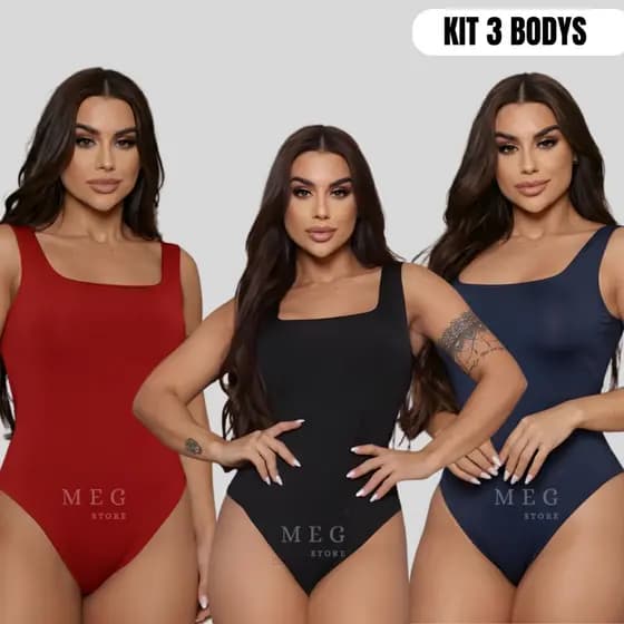 Kit 3 Body Decote Quadrado Suplex Feminino Regata Moda Blogueira