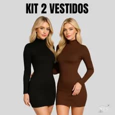 Kit 2 Vestido Feminino Manga Longa Gola Alta Canelado Tubinho Collant Justo Curtinho Blogueira