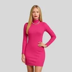 Vestido Feminino Manga Longa Gola Alta Canelado Curto Tubinho Cacharrel Tendencia