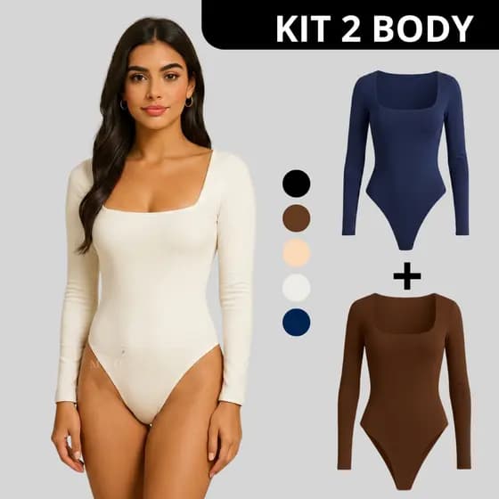 Kit 2 Body Feminino Decote Quadrado Manga Longa Suplex Segunda Pele Justo e Confortável Elegante Outono Inverno