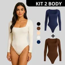 Kit 2 Body Feminino Decote Quadrado Manga Longa Suplex Segunda Pele Justo e Confortável Elegante Outono Inverno