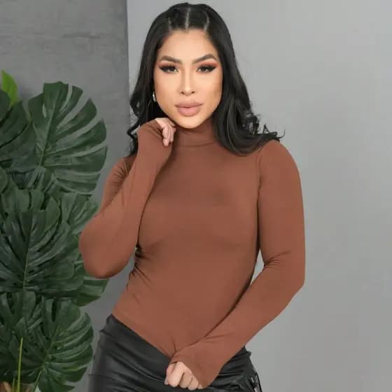 Blusa Cropped Feminina Gola Alta Manga Longa Suplex Básica Ajustada