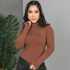 Blusa Cropped Feminina Gola Alta Manga Longa Suplex Básica Ajustada