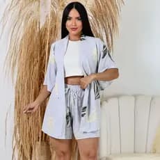 Conjunto Feminino Kimono com Short Viscolycra Estampado Leve Verão Confortável