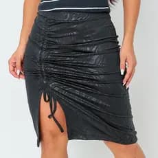 Saia Midi Cirrê Feminina com Fenda Ajustável Franzida Modelagem Justa Elegante