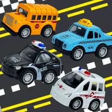 Kit 4 Miniatura De Carrinho Fricção Taxi Ônibus Viatura Policial De Ferro