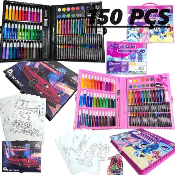 Maleta De Pintura Infantil Para Colorir Com Desenhos 150 Peças 24,48,68 e 86 Peças Kit Para Desenhar