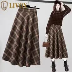Saia Xadrez Retrô LIVOX , Inverno Autumu Slim Fit Longa De Cintura Alta , Meio Vestido Estético Evasê