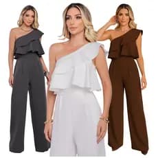 Macacão Feminino Tendência Alfaiataria Babado Nula Manga Longo Elegante
