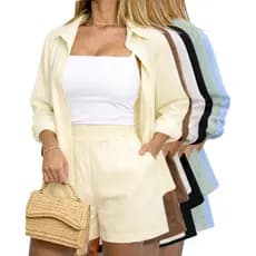 Conjunto Feminino Short De Linho Forrado E Camisa Verão Casual Elegante