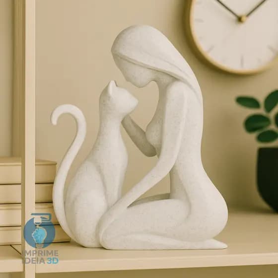 Escultura Gato e Mulher Decorativa | Peça 3D Moderna | Enfeite de Bancada REF:062