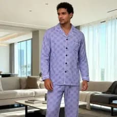 Pijama Masculino Manga Longa Malha de Alta Qualidade Não Desbota Conjunto Estampado Conforto Absoluto Home Office
