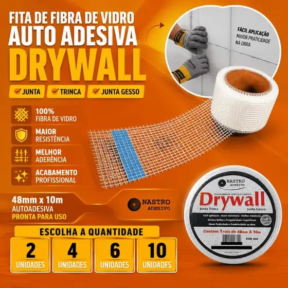 Kit Com 2, 4, 6 ou 10 Un Fita de Fibra de Vidro Auto Adesiva Drywall 48mmx10m Junta Trinca Junta Gesso