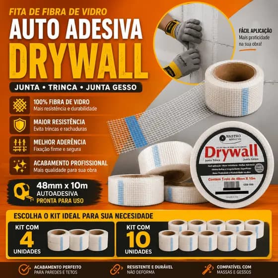 Kit Com 04 ou 10 Un Fita de Fibra de Vidro Auto Adesiva Drywall Junta Trinca Junta Gesso 48mmx10m
