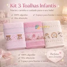 Kit Toalha Infantil De Banho Menina 3 Und 100% Algodão Ursinha Sereia Leãozinho 70x110cm Macia Bebê
