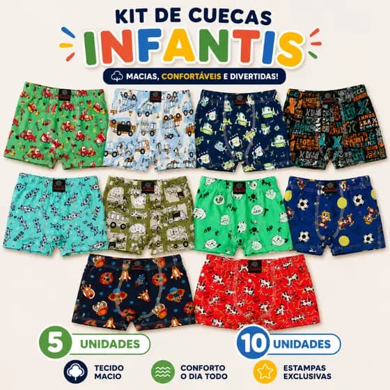 KIT CUECA BOXER BOX INFANTIL MENINO CRIANÇA | KIT COM 5 OU 10 UNIDADES ESTAMPADAS PERSONAGENS SORTIDAS