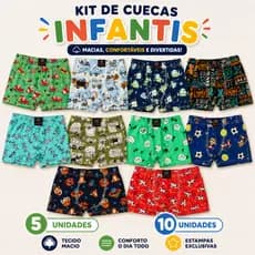 KIT CUECA BOXER BOX INFANTIL MENINO CRIANÇA | KIT COM 5 OU 10 UNIDADES ESTAMPADAS PERSONAGENS SORTIDAS