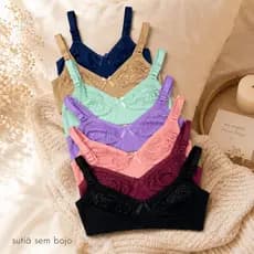 Kit 3 Sutiã Sustentação Sem Bojo Algodão Renda Reforçado Alça Larga Confortavel