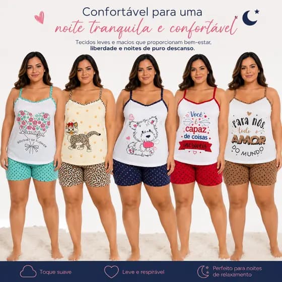 Pijama Feminino Plus Size Baby Doll Malha Premium Semelhante Algodão Confortável