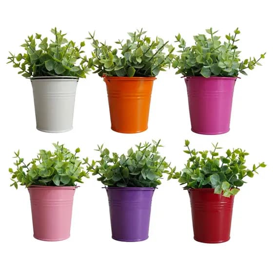 Cachepot Vaso Mini Balde de Metal com Arranjo Pick de Eucalipto Verde Planta Artificial para Decoração e Festa