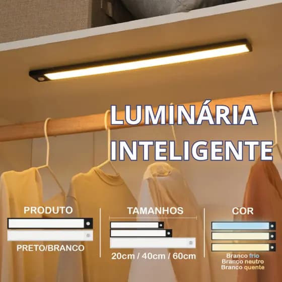 Smart Luminária Inteligente Ultra LED com sensor de movimento sem fio e Recarregável USB fino barra 20/40/60cm