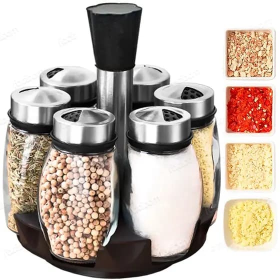 Porta Condimentos Giratório/Tempero Cozinha - Suporte com 6 Potes em Vidro + Suporte- 4 diferente furos de passagem