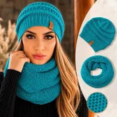Conjunto Gorro Touca + Gola Cachecol Infinito Tricot Lã  Macio Tendência Inverno Moda UNISEX