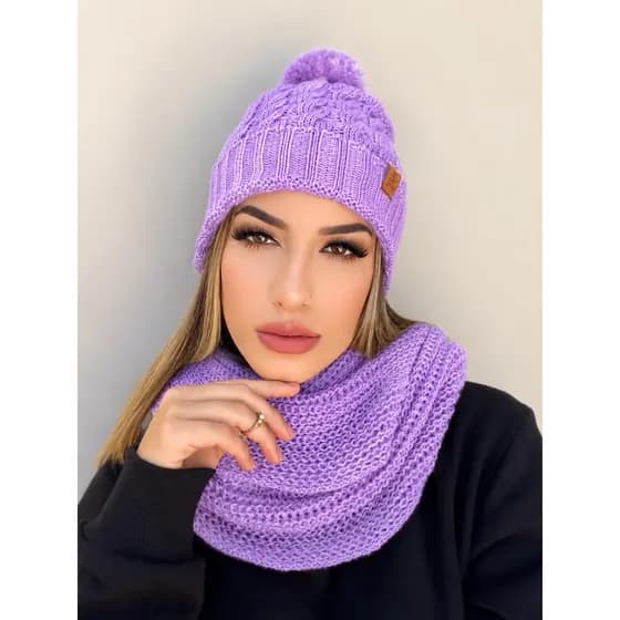 ConjuntoPompom Touca + Gola Cachecol Infinito Tricot Lã  Inverno Moda  2025