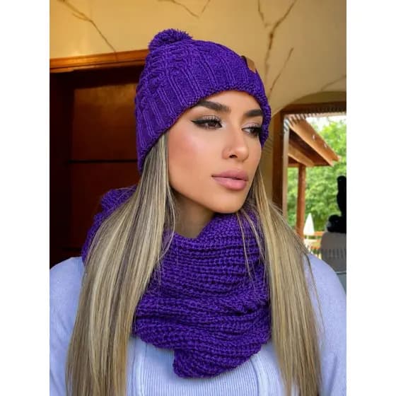Kit Gorro Pompom + Gola Tricot Unissex Infantil e Adulto Lã Macia Inverno Quentinho POMPOM