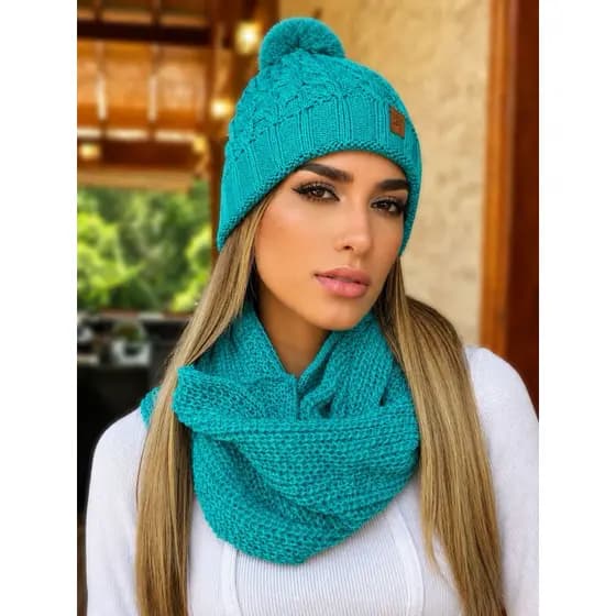 Conjunto Gorro Touca + Gola Cachecol Infinito Tricot Lã  Macio Tendência Inverno Moda 2026 POMPOM Quentinho Estiloso