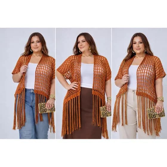Kimono Franja Tricô charme  BRILHO DOURADO Festa Moda Noite Elegante Chique Estilosa Quimono Xale Sobreposição