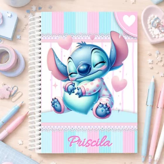 Caderno Stitch Personalizado com Nome | Capa Dura | Universitário 1 ou 10 Matérias | Presente Criativo | Caderno Fofo