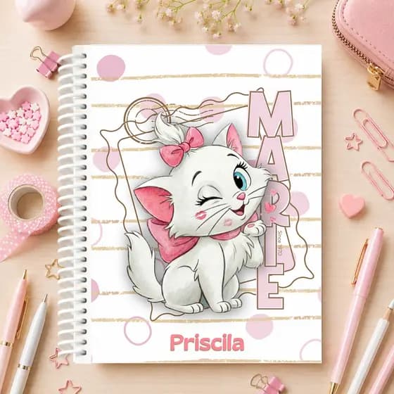 Caderno Universitário Gata Marie 1 ou 10 matérias - Capa Dura - Personalizado com Nome - Folhas Decoradas - Caderno FOFO