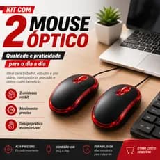 Kit 2 Mouse Usb Com Fio Óptico 3 Botões 1000DPI Para Notebook e Computador