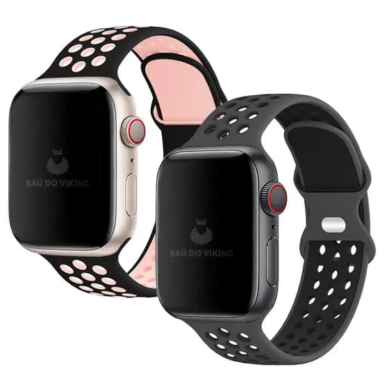 Kit com 2 Pulseiras Silicone Furos Fecho Duplo Preto Rosa e Preto Compatível com Apple Watch