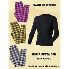 Pijama comprido Calça Xadrez e blusa Preta