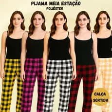 01 CONJUNTO PIJAMA MEIA ESTAÇÃO BLUSA DE ALCINHA PRETA E CALÇA XADREZ SORTIDA
